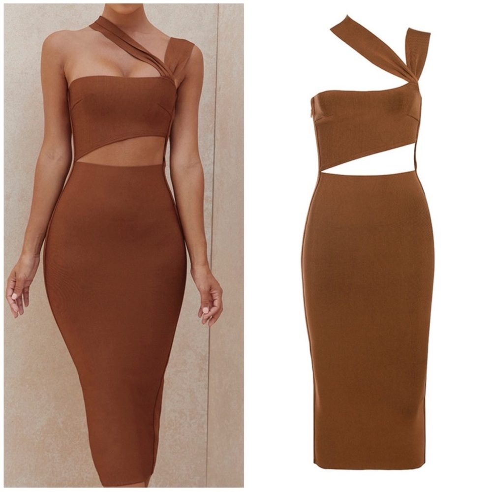 House of CB Aina Tan Cut Out Bandage Brown Midi Dress Size XS